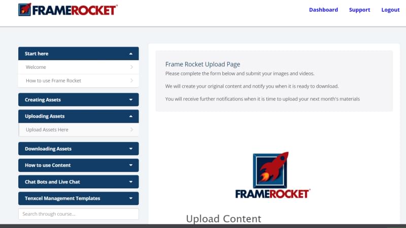 Frame Rocket upload page image